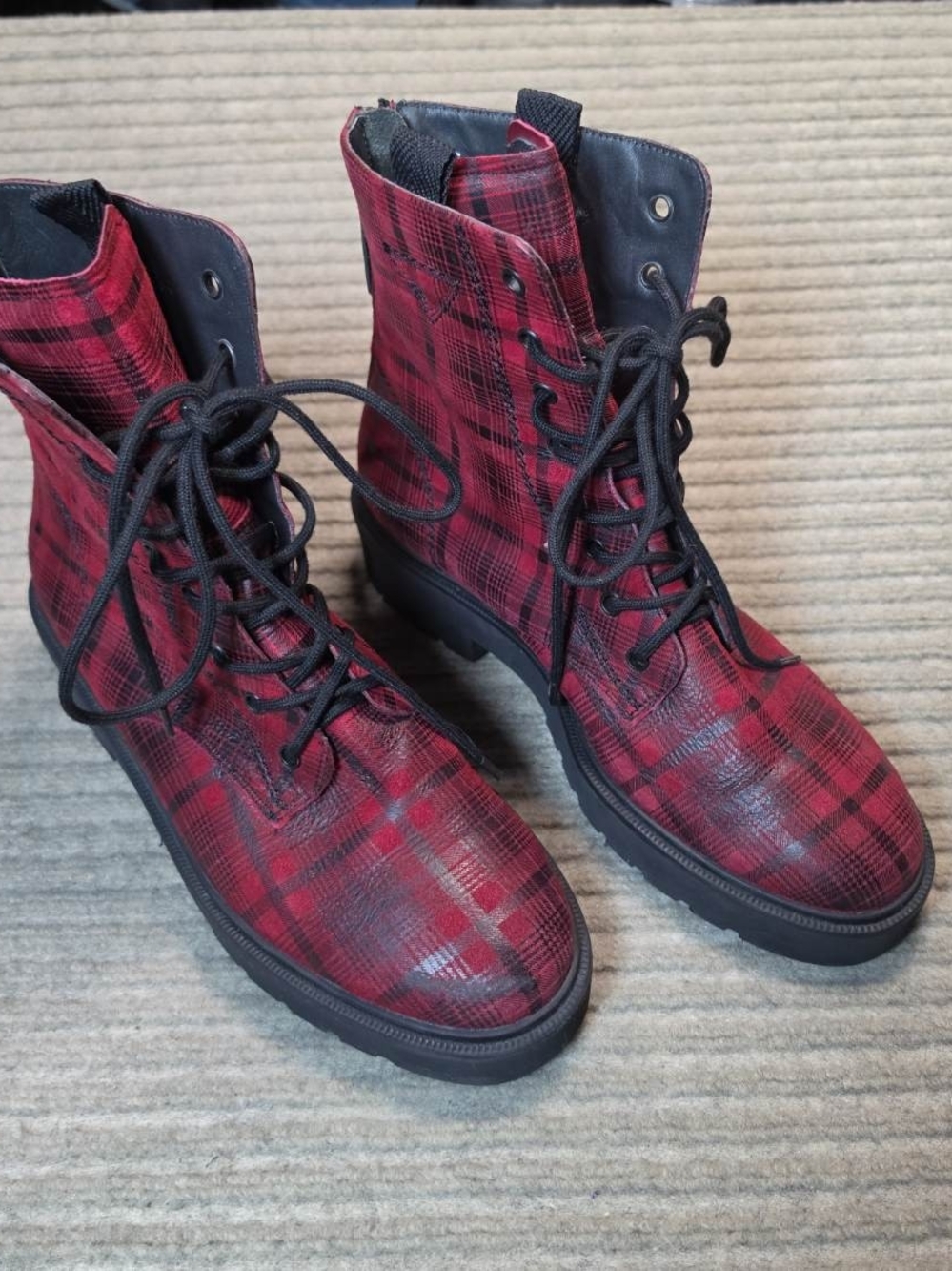 Paul Green Bronx Lace-Up Leather Platform Boot Chunky Red Plaid US 5